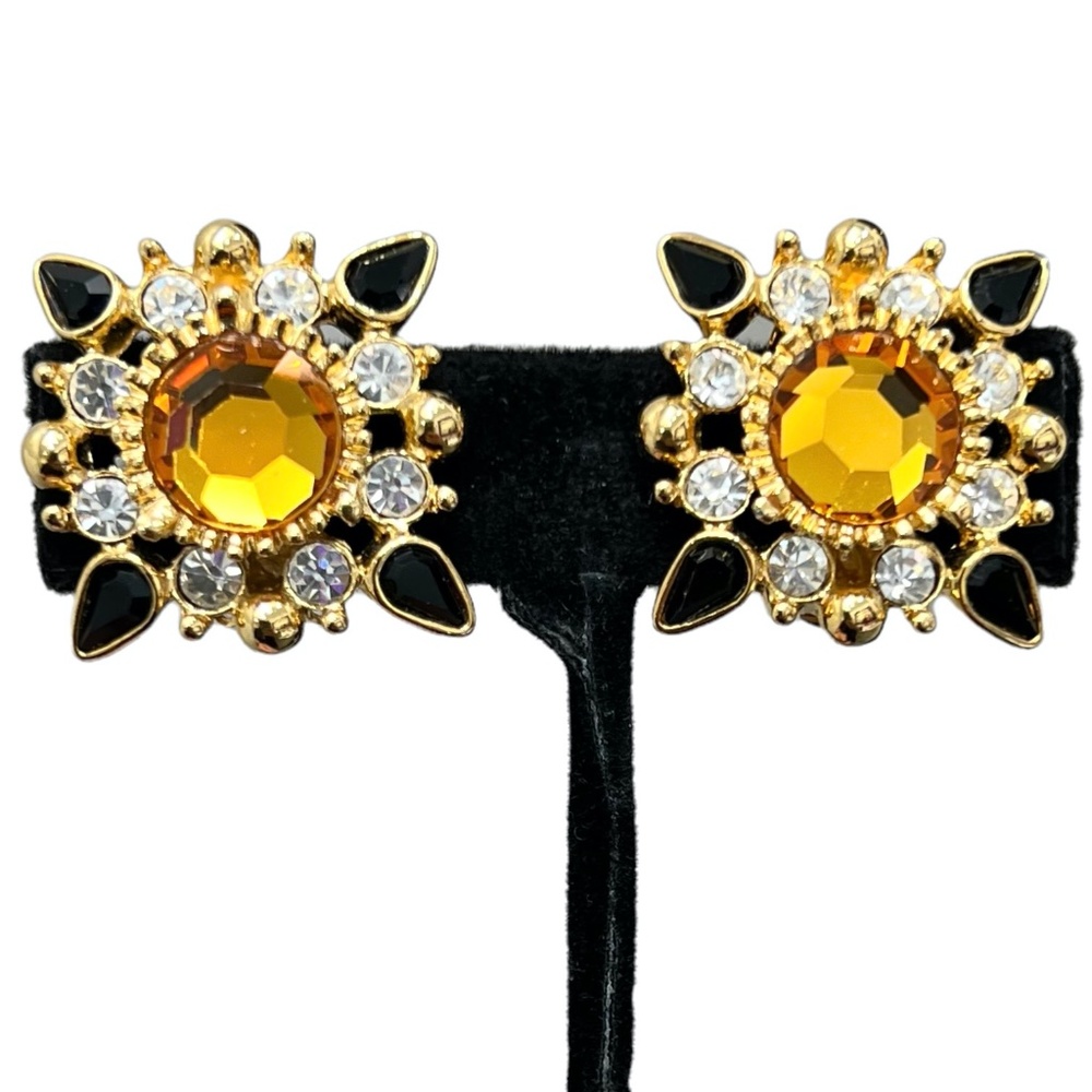 JOAN RIVERS STARBURST AMBER, GOLD, CLEAR CRYSTAL & BLACK CLIP ON EARRINGS